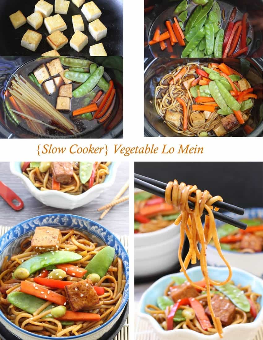 Collage of Slow Cooker Vegetable Lo Mein