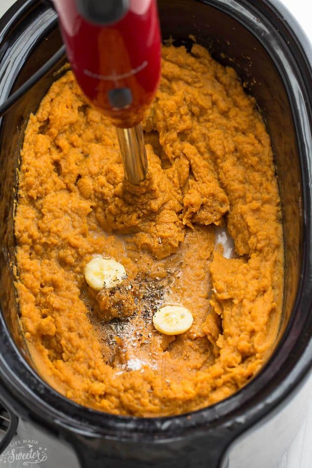 Slow Cooker Mashed Sweet Potatoes make the perfect easy side dish. They cook up super creamy all in your crock-pot! The best part about them is that there is no pre-boiling required!