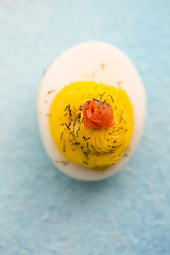 Top view of smoked salmon deviled eggs