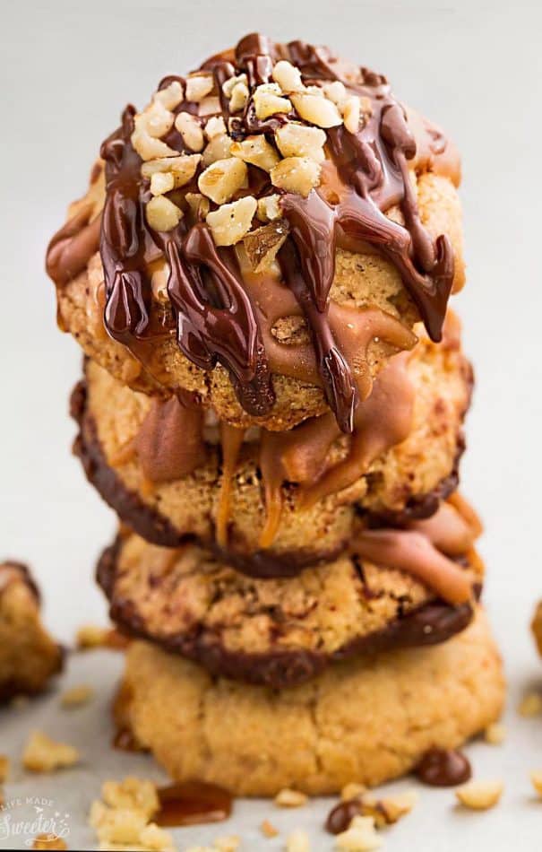 A stack of Snickers Thumbprint Cookies