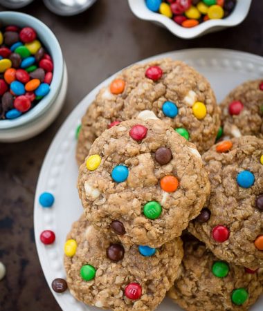 Overhead view of Soft & Chewy Oatmeal Monster M&M Cookies on a plate