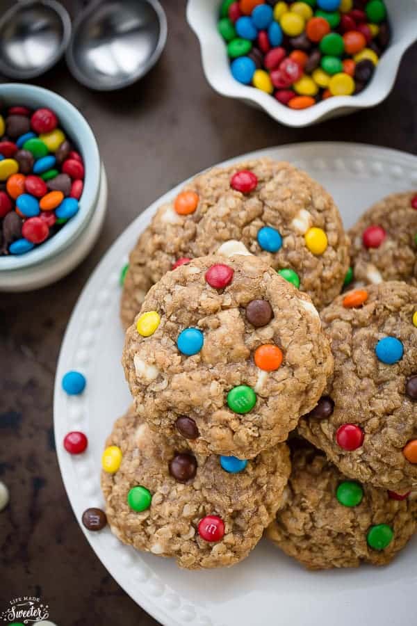 Overhead view of Soft & Chewy Oatmeal Monster M&M Cookies on a plate