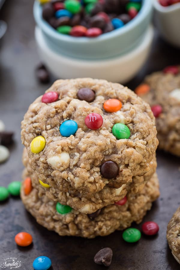 Soft & Chewy Oatmeal Monster M&M Cookies in a stack