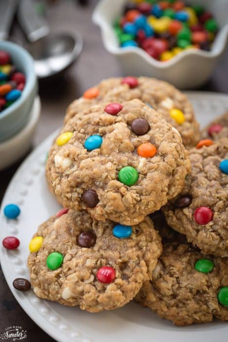 Soft & Chewy Oatmeal Monster M&M Cookies on a plate