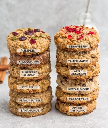 Side view of 12 Oatmeal Cookies stacked in two rows on a grey background