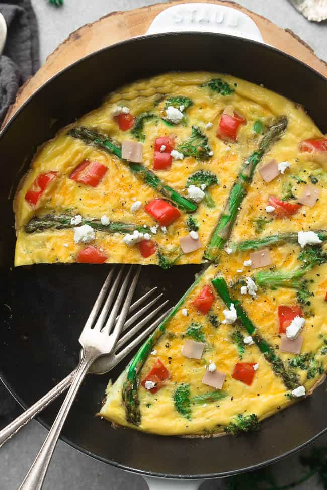 Low Carb Frittata is packed with asparagus, diced ham, bell peppers, cheddar and goat cheese and perfect for a spring breakfast, brunch or dinner. Best of all, this recipe is gluten free and keto friendly.