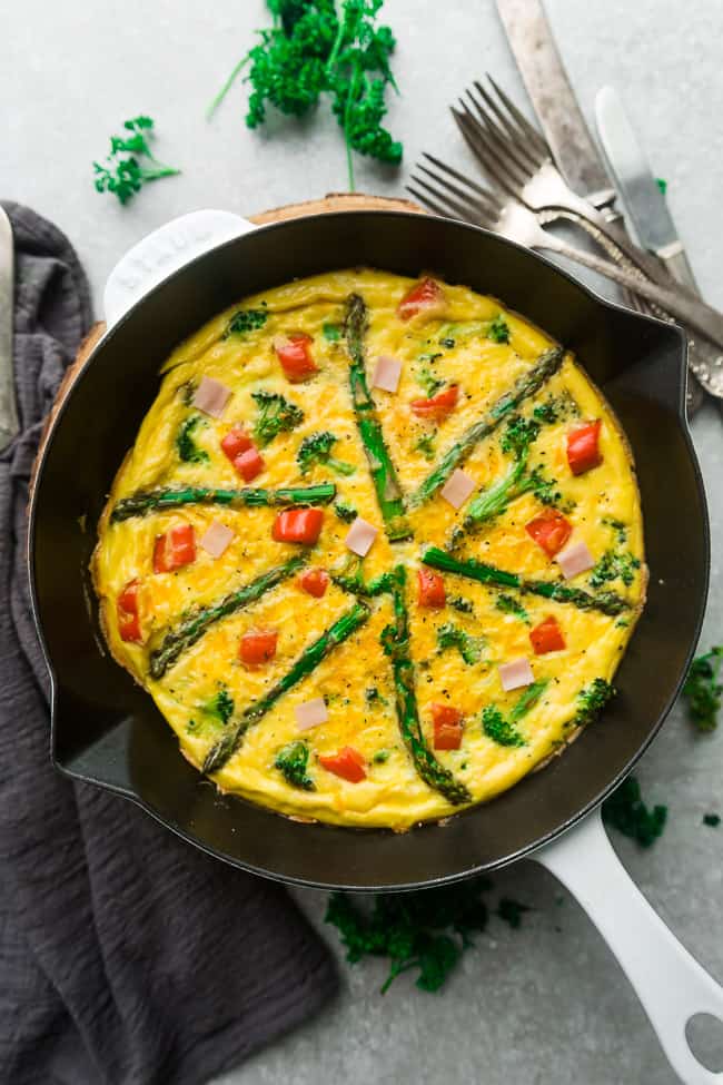 Top view of Keto Frittata with Asparagus, Tomatoes and Ham in a White Cast Iron Skillet Pan