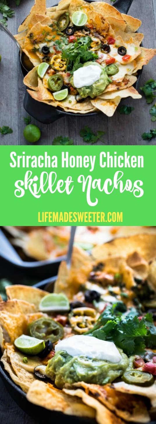 Sriracha Honey Chicken Skillet Nachos make the perfect appetizers or snacks for Cinco de Mayo!