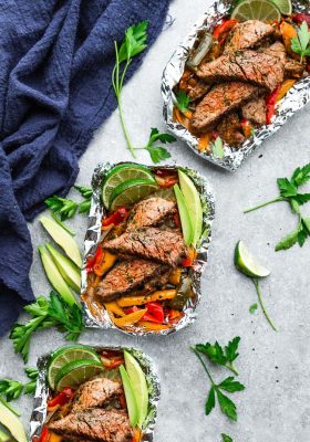 Steak Fajita Foil Packets are the perfect easy & low carb meal for summer grilling, camping and cookouts. Best of all, they’re loaded with all your favorite Tex Mex flavors. Paleo, whole 30, gluten free & keto friendly meal.