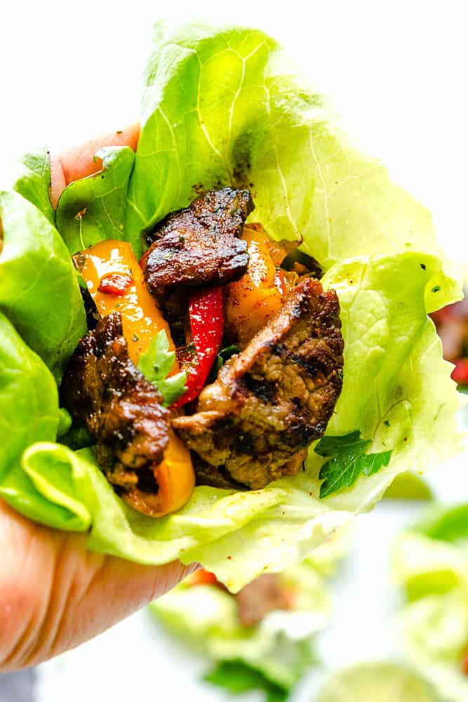 Close-up of a Steak fajita lettuce wrap