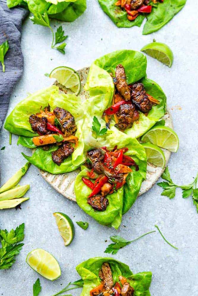 Top view of three Chili Lime Steak Lettuce Wraps