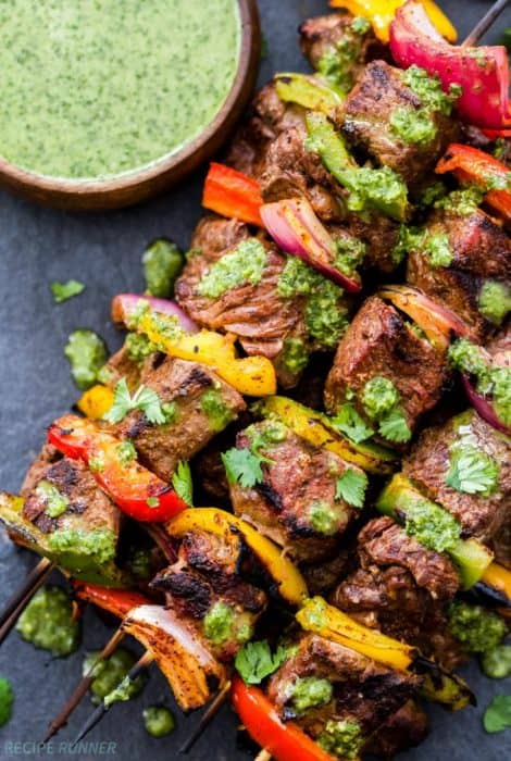 Steak fajita kebabs with chimichurri sauce