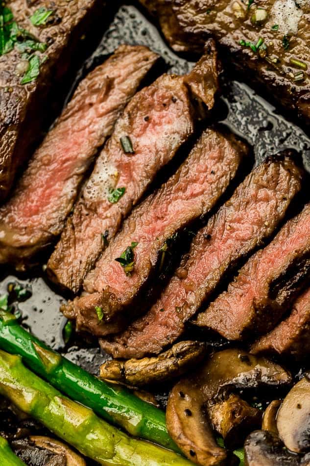 Close-up of one medium rare steaks slices in a cast iron pan