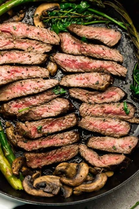 Close-up of two medium rare steaks slices in a cast iron pan