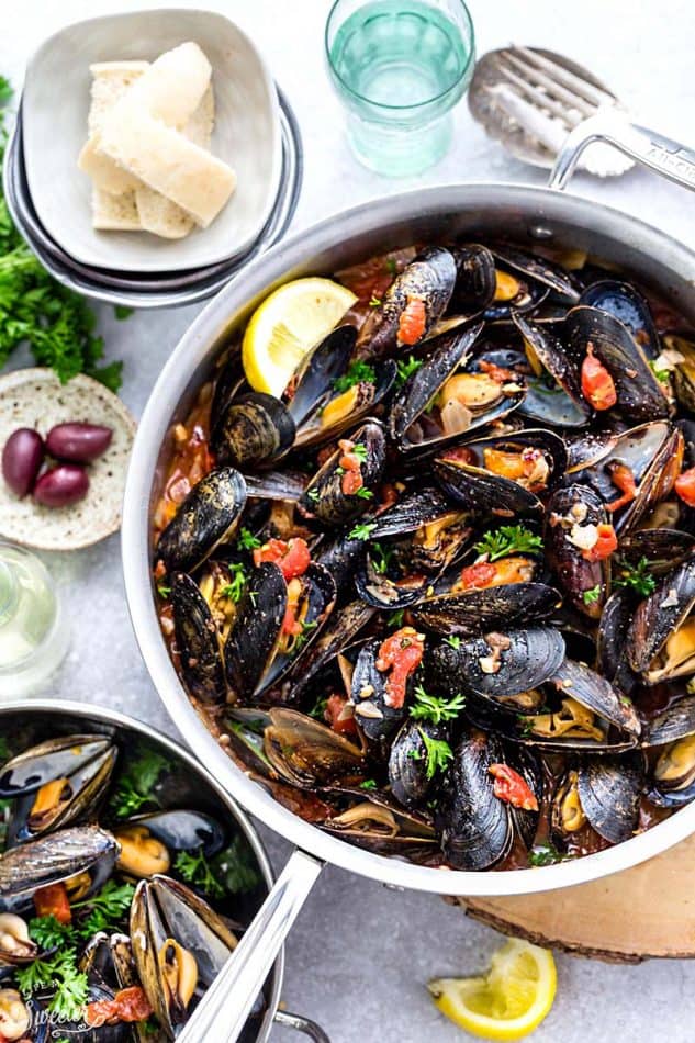 Top view of Steamed Mediterranean PEI Mussels in a skillet