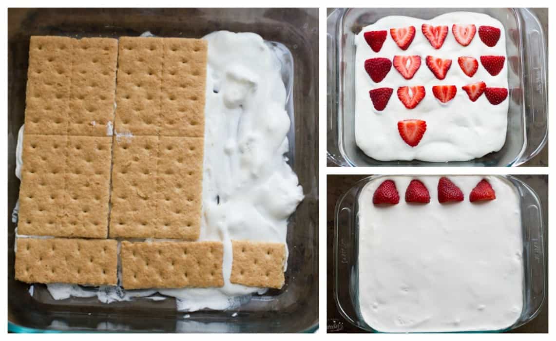 Collage of the steps to make Strawberry Cheesecake Icebox Cake 