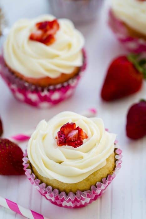 Strawberry Filled Vanilla Cupcakes make the perfect celebratory treat!