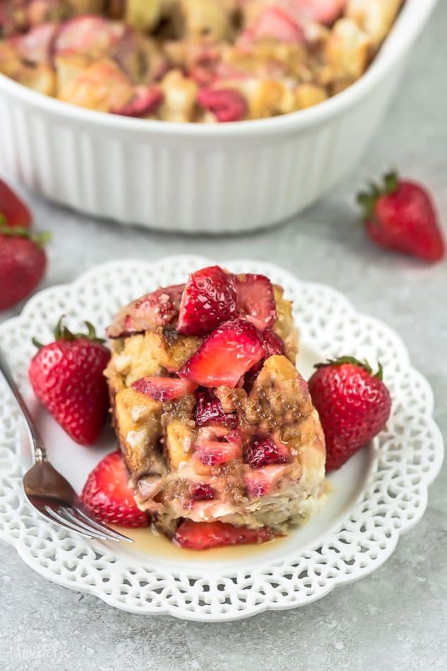 Overnight Strawberry Cream Cheese French Toast Bake Casserole Bake makes the perfect, easy and delicious breakfast, brunch or dessert. A great recipe to add to Mother's Day, Easter, Fourth of July or any special weekend occasion.