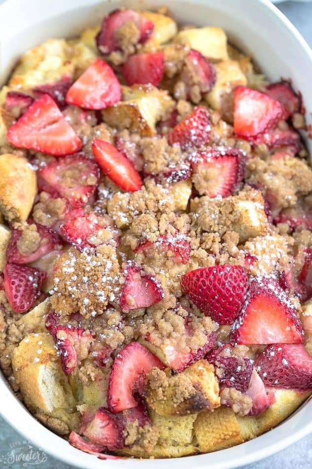 Overnight Strawberry Cream Cheese French Toast Bake Casserole Bake makes the perfect, easy and delicious breakfast, brunch or dessert. A great recipe to add to Mother's Day, Easter, Fourth of July or any special weekend occasion.