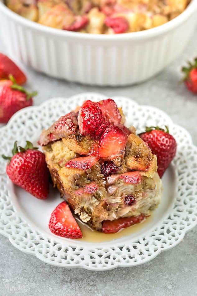 Overnight Strawberry Cream Cheese French Toast Bake Casserole Bake makes the perfect, easy and delicious breakfast, brunch or dessert. A great recipe to add to Mother's Day, Easter, Fourth of July or any special weekend occasion.
