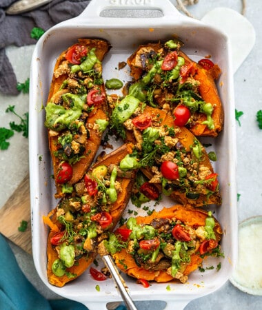 A White Pan Filled with Stuffed Sweet Potatoes