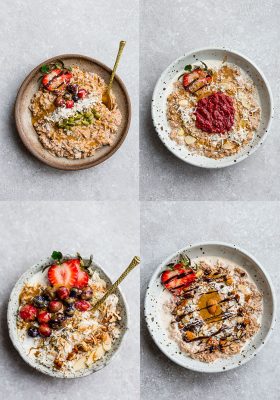 Top view of 4 different flavors of of keto oatmeal - pumpkin, almond joy, peanut butter and berries