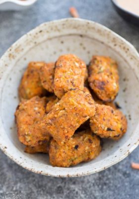 Simple Sweet Potato Zucchini Tots in a small white bowl.