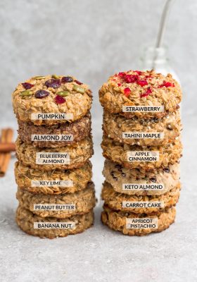 Two Stacks of Oatmeal Breakfast Cookies with One of Each Flavor