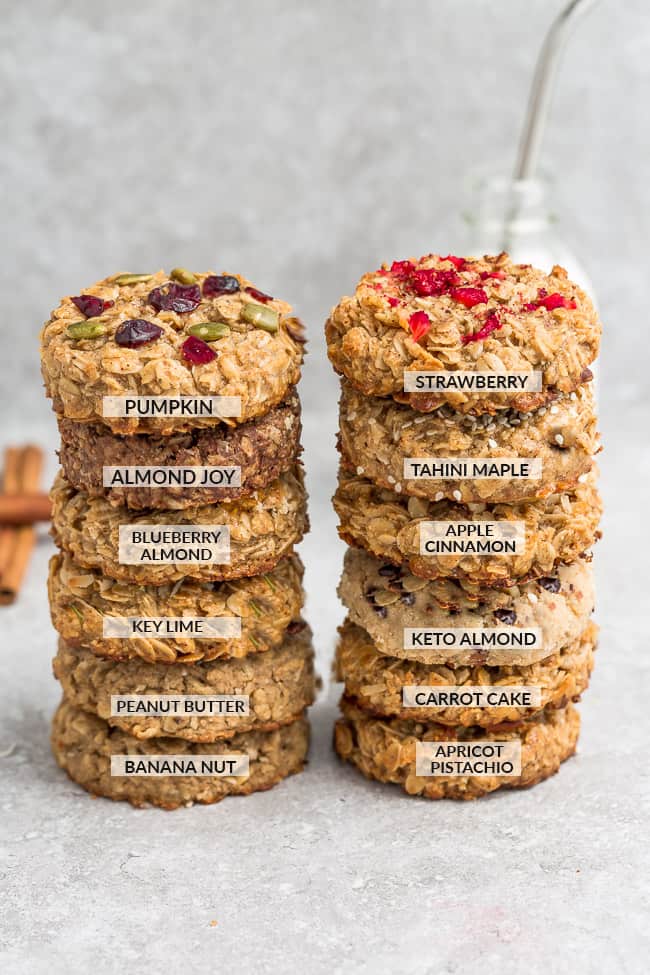 Two Stacks of Oatmeal Breakfast Cookies with One of Each Flavor