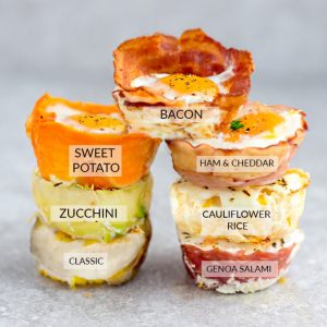 Bacon, Cauliflower & Cheese, Classic, Genoa Salami, Ham & Cheddar, Proscuitto, Sweet Potato, Turnip and Zucchini Baked Egg Cups - 9 Ways are the perfect low carb and protein packed breakfast. Best of all, they are super simple to customize and come together in less than 30 minutes!