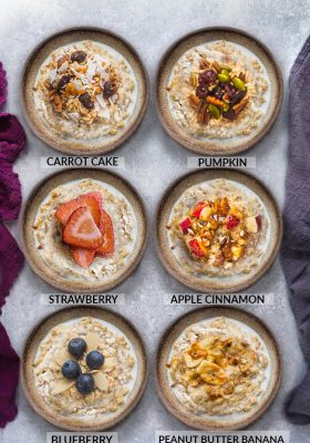 Top view of six steel cut oats bowls with different toppings on a grey background and napkins