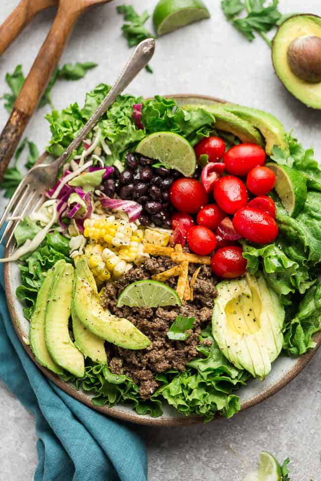 Overhead view of Healthy Taco Salad in a bowl