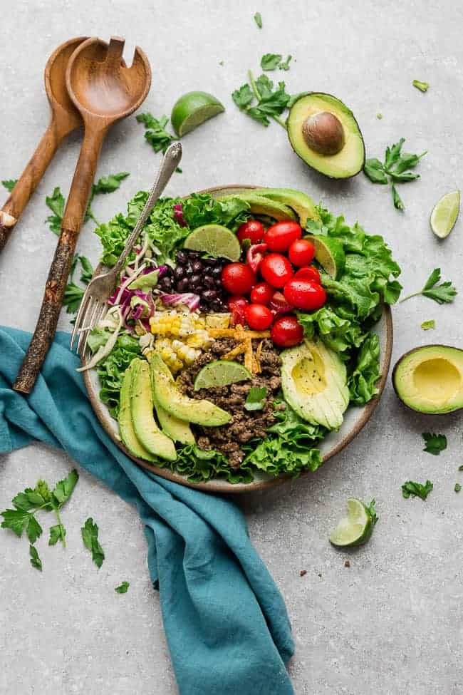 serving bowl filled with a healthy taco salad made with ground turkey