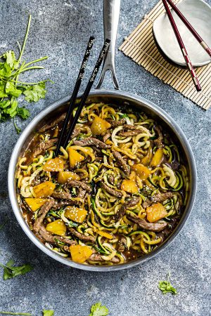 One Pan Teriyaki Beef Stir-Fry {Zucchini Noodles} is the perfect easy gluten free (or paleo) weeknight meal! Best of all, it takes only 30 minutes to make in just one pot and is so much healthier and better than takeout! Great for Sunday meal prep and leftovers make delicious lunch bowls for work or school lunchboxes! Plus Video!