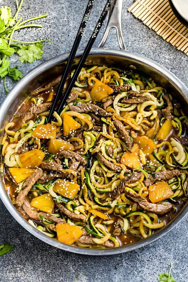 Top view of a skillet of Teriyaki Beef Stir-Fry with Zucchini Noodles