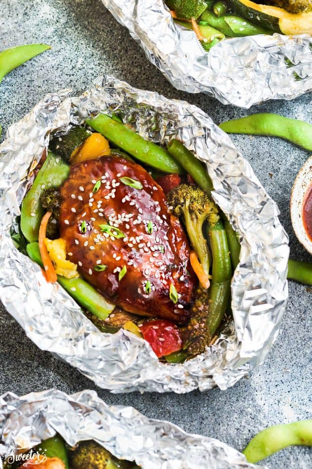 Top view of a Teriyaki Chicken Foil Packet with Vegetables