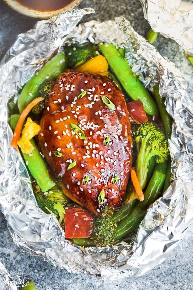 Top view of a Teriyaki Chicken Foil Packet with Vegetables