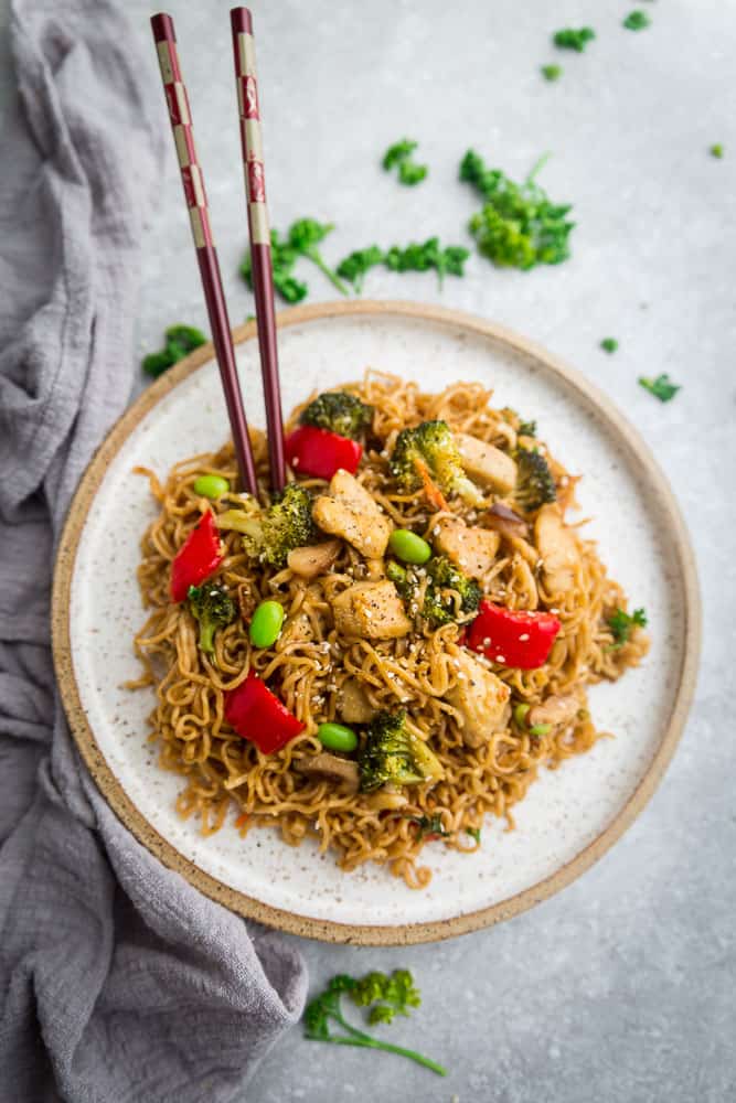 Teriyaki Chicken Ramen made in one pot. Everything you love about this takeout favorite, stir-fried with ramen noodles.