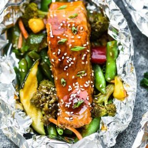 Top view of a Teriyaki Salmon Foil Packet with Vegetables