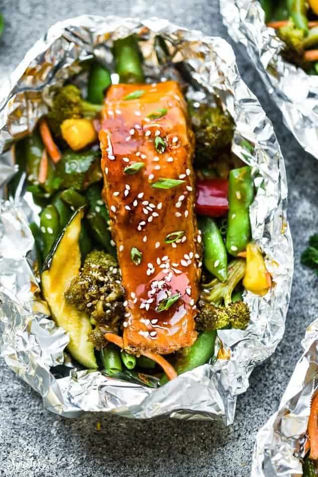 Top view of a Teriyaki Salmon Foil Packet with Vegetables