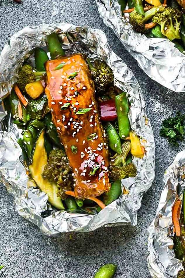 Top view of a Teriyaki Salmon Foil Packet with Vegetables