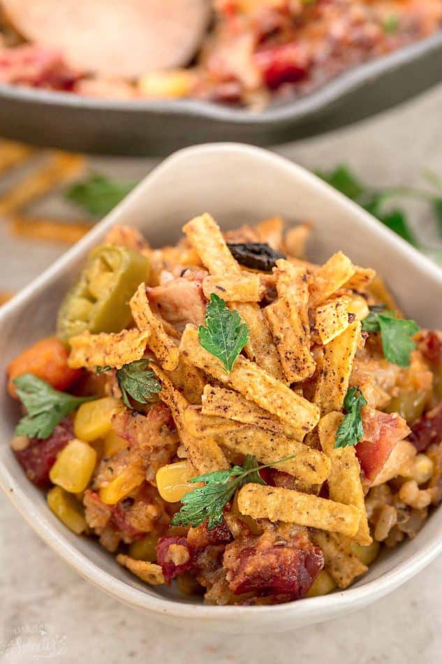 A serving of Skillet Tex Mex Casserole in a bowl
