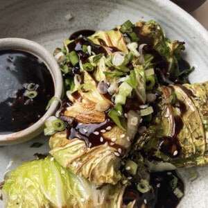 Four cabbage dumplings in a white bowl garnished with green onions and a savory dipping sauce