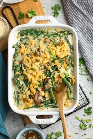 Top view of Healthy Green Bean Casserole in a baking dish