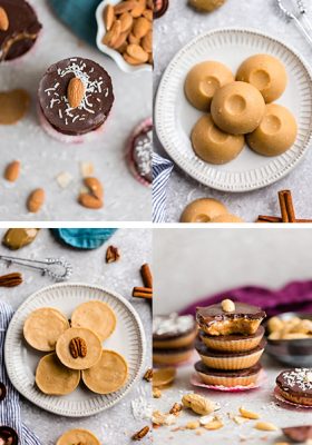 8 Fat Bomb Recipes in a collage - Pecan Butter, Chocolate Fat Bomb, Chocolate Pecan, Peanut Butter Cups, Almond Butter Cups, Chocolate Peanut Butter Fat Bombs, Cashew Chocolate and Cookie Dough Cups