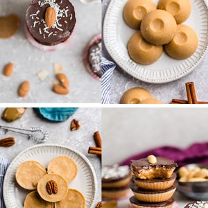 8 Fat Bomb Recipes in a collage - Pecan Butter, Chocolate Fat Bomb, Chocolate Pecan, Peanut Butter Cups, Almond Butter Cups, Chocolate Peanut Butter Fat Bombs, Cashew Chocolate and Cookie Dough Cups