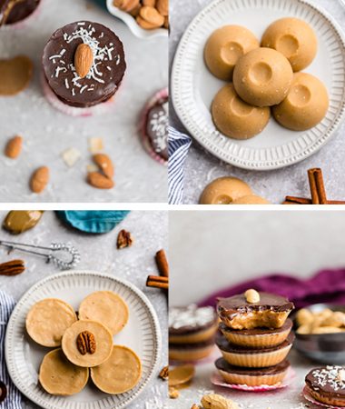 8 Fat Bomb Recipes in a collage - Pecan Butter, Chocolate Fat Bomb, Chocolate Pecan, Peanut Butter Cups, Almond Butter Cups, Chocolate Peanut Butter Fat Bombs, Cashew Chocolate and Cookie Dough Cups
