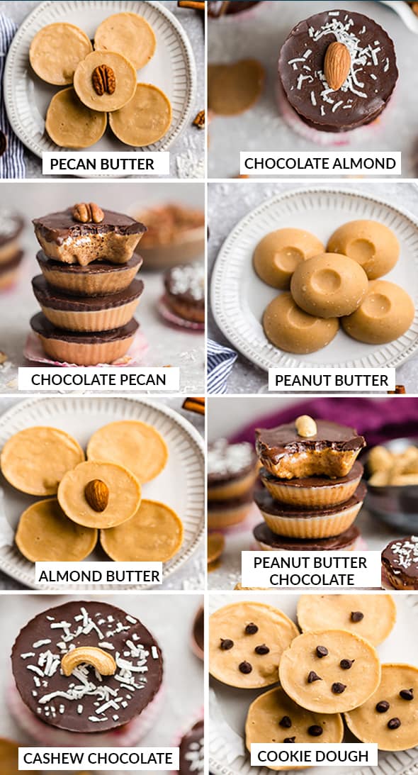 8 Fat Bomb Recipes in a collage - Pecan Butter, Chocolate Fat Bomb, Chocolate Pecan, Peanut Butter Cups, Almond Butter Cups, Chocolate Peanut Butter Fat Bombs, Cashew Chocolate and Cookie Dough Cups