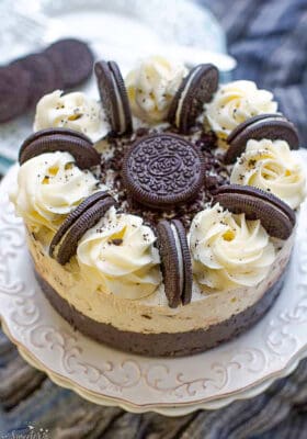 Top view of an Oreo Ice Cream Cake on a white plate
