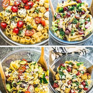 Collage of four different pasta salad varieties